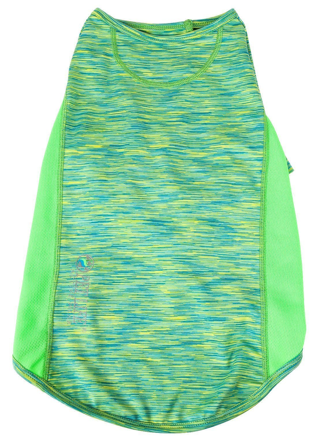 Green and blue patterned dog dress on a white background