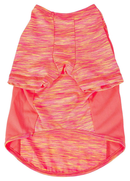 Pink and orange patterned pet dress on a white background