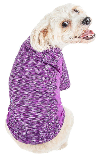 Dog wearing a purple and white patterned shirt on a white background