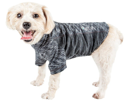 Dog wearing a gray and black patterned shirt on a white background