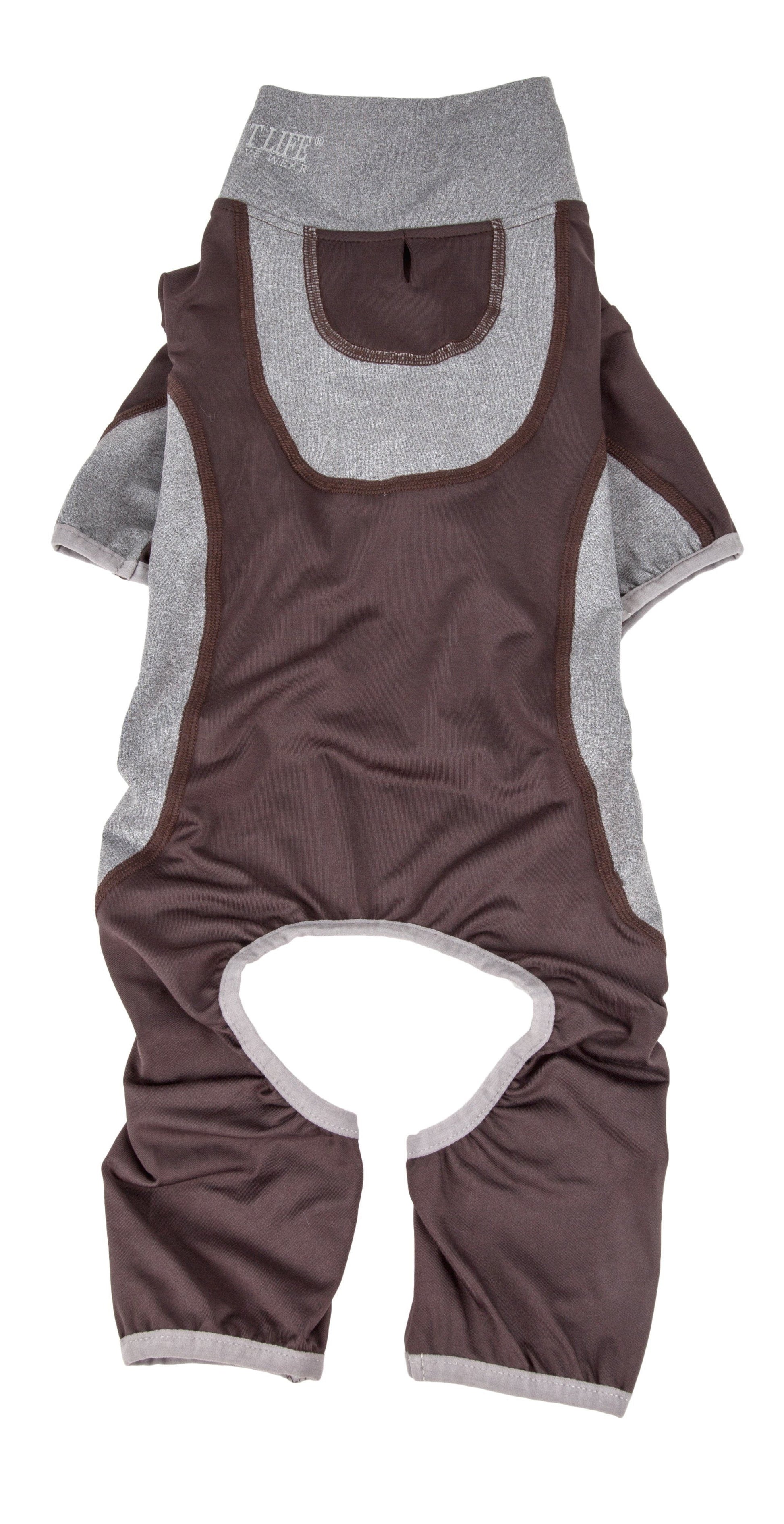 Brown and gray dog romper on a white background
