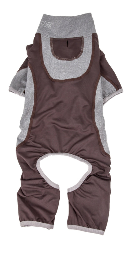 Brown and gray dog romper on a white background