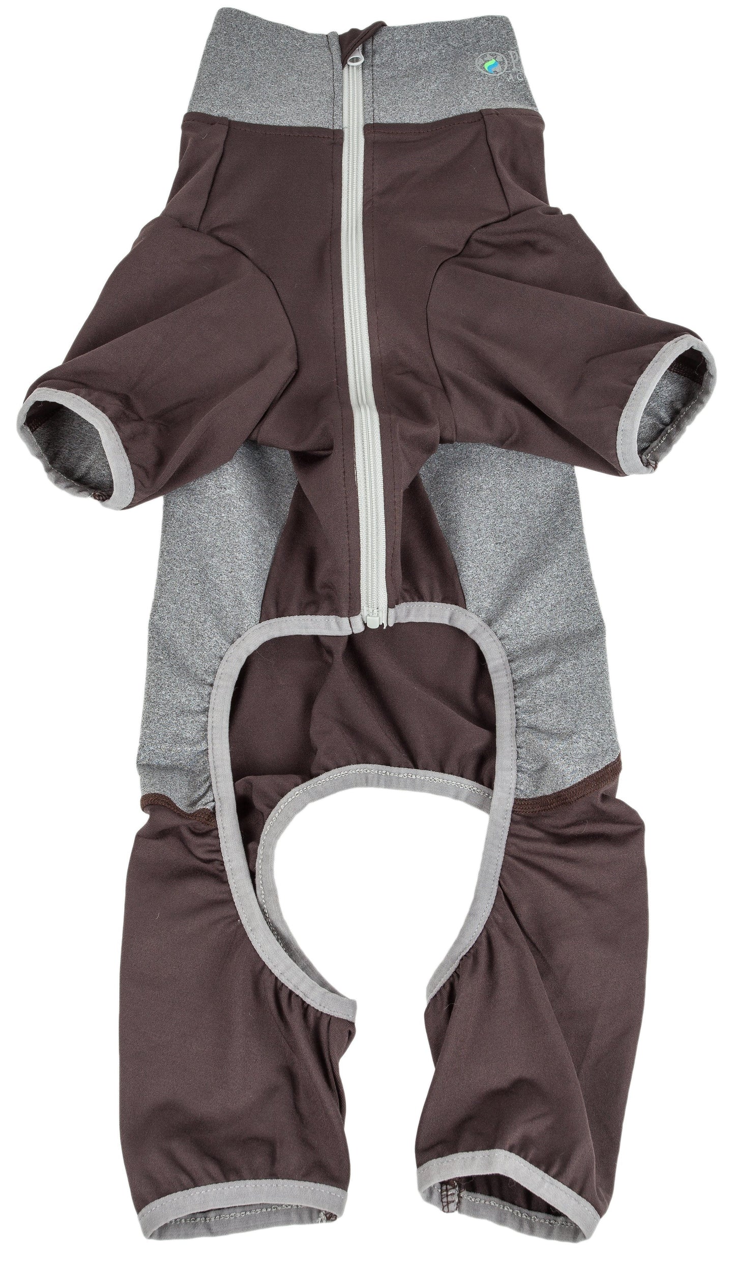 Brown and gray baby romper with a zipper on a white background