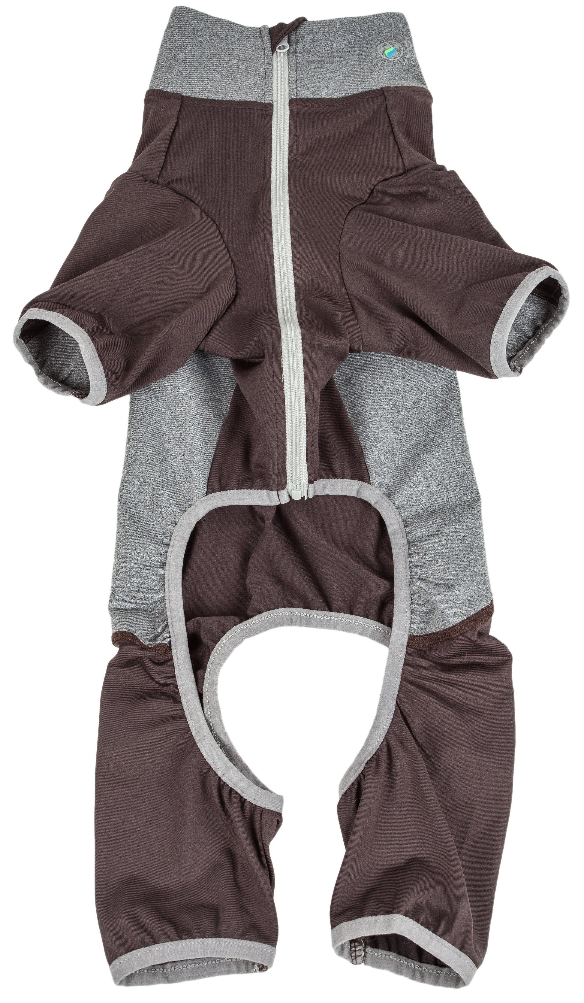 Brown and gray baby romper with a zipper on a white background
