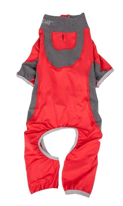 Red and gray children's snowsuit on a white background