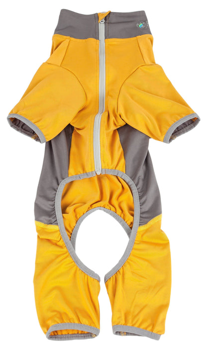 Yellow and gray snowsuit on a white background