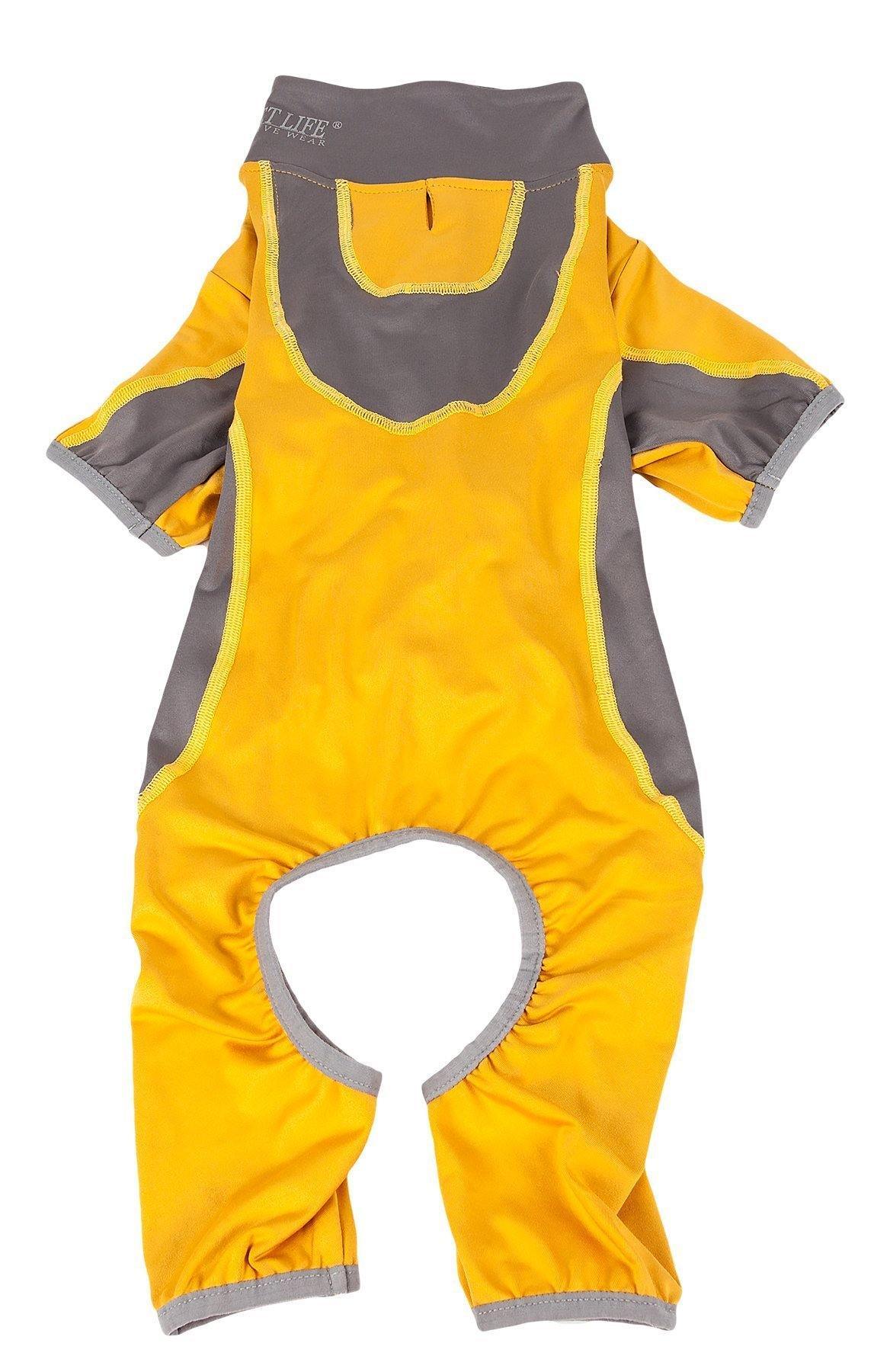 Yellow and gray baby romper with a hood on a white background