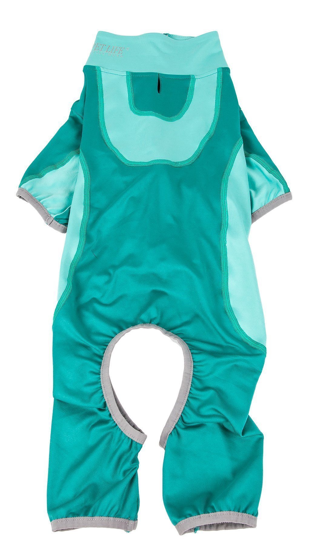 Teal children's rain suit with gray trim on a white background