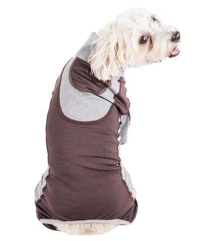 Dog wearing a brown and gray hoodie on a white background