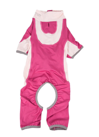 Pink and white children's snowsuit on a white background