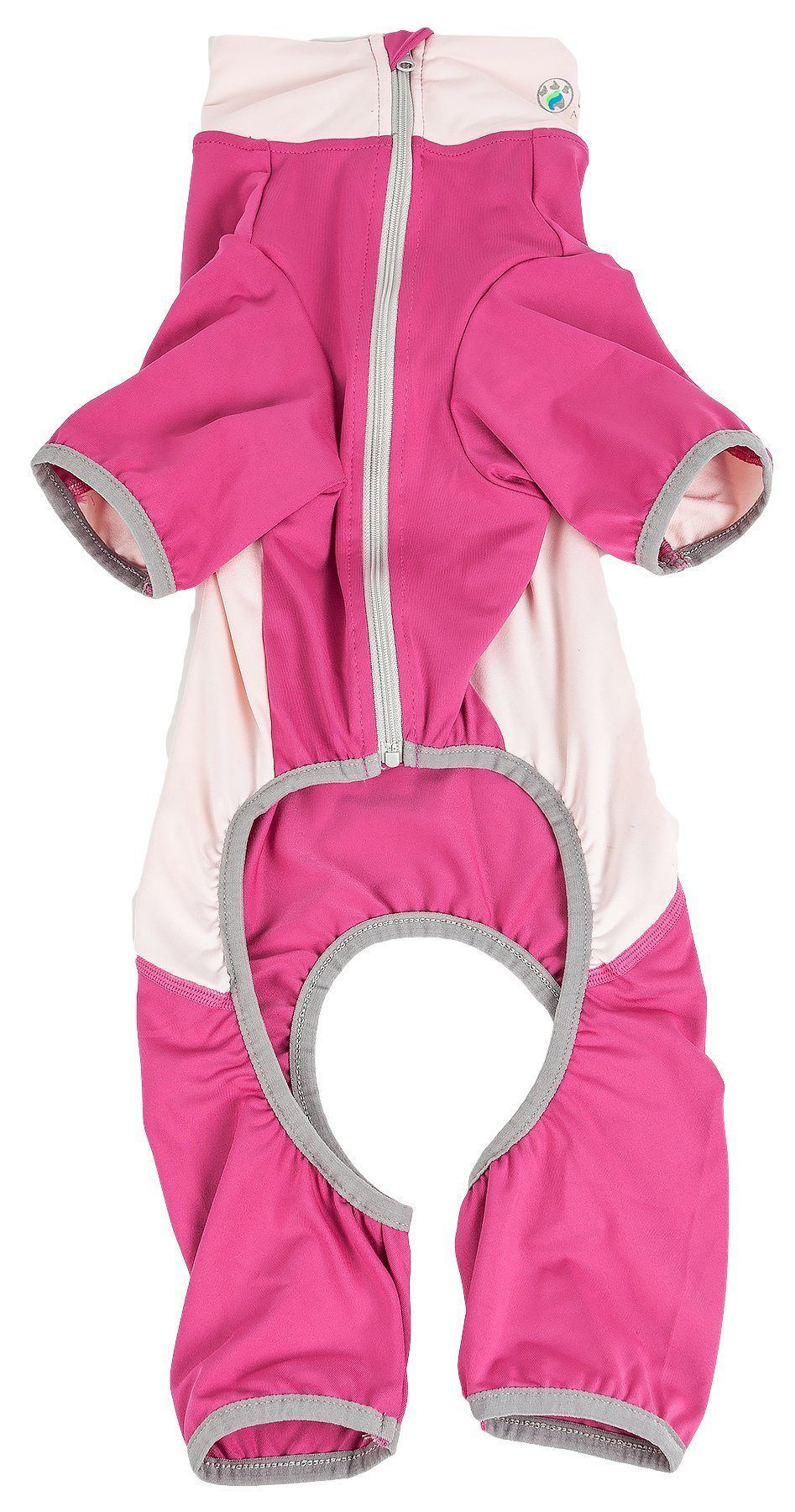 Pink and white baby snowsuit with gray accents on a white background