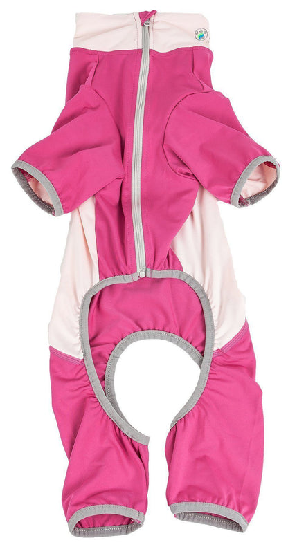 Pink and white baby snowsuit with gray accents on a white background