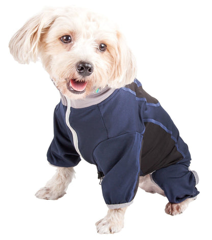 Dog wearing a blue raincoat on a white background