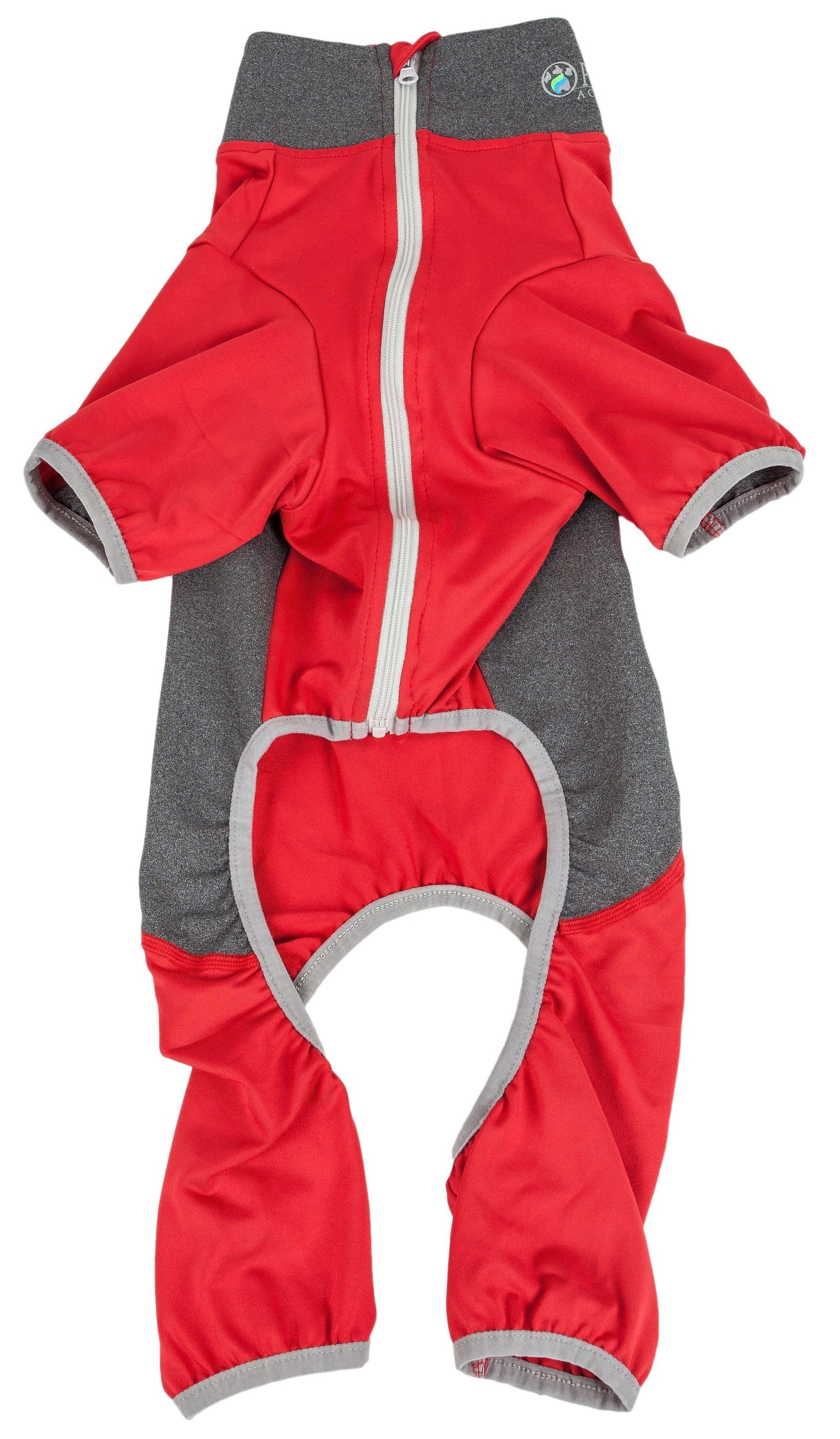 Red and gray baby romper with a zipper on a white background
