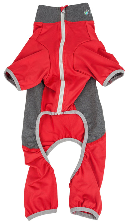 Red and gray baby romper with a zipper on a white background