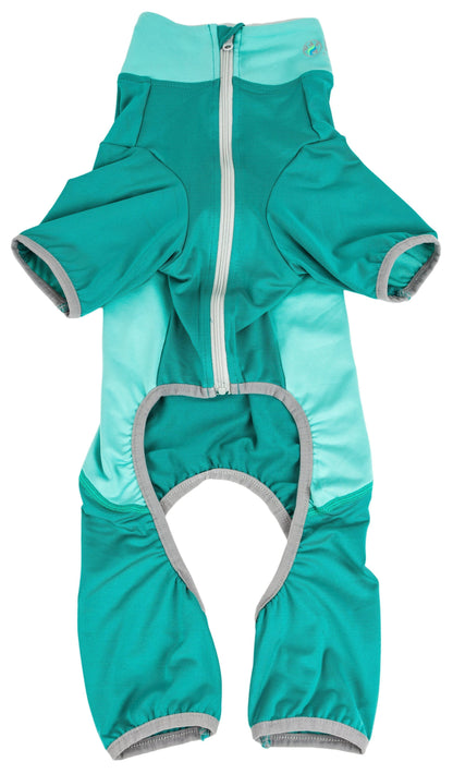 Teal and light blue baby romper with gray accents on a white background