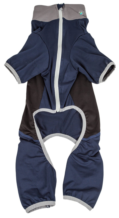 Navy blue and gray baby snowsuit on a white background