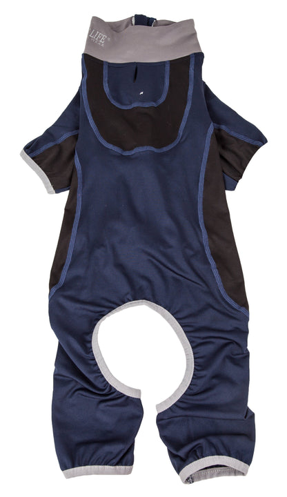 Navy blue and gray dog romper with a collar on a white background