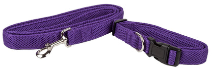Purple dog collar and leash set on a white background
