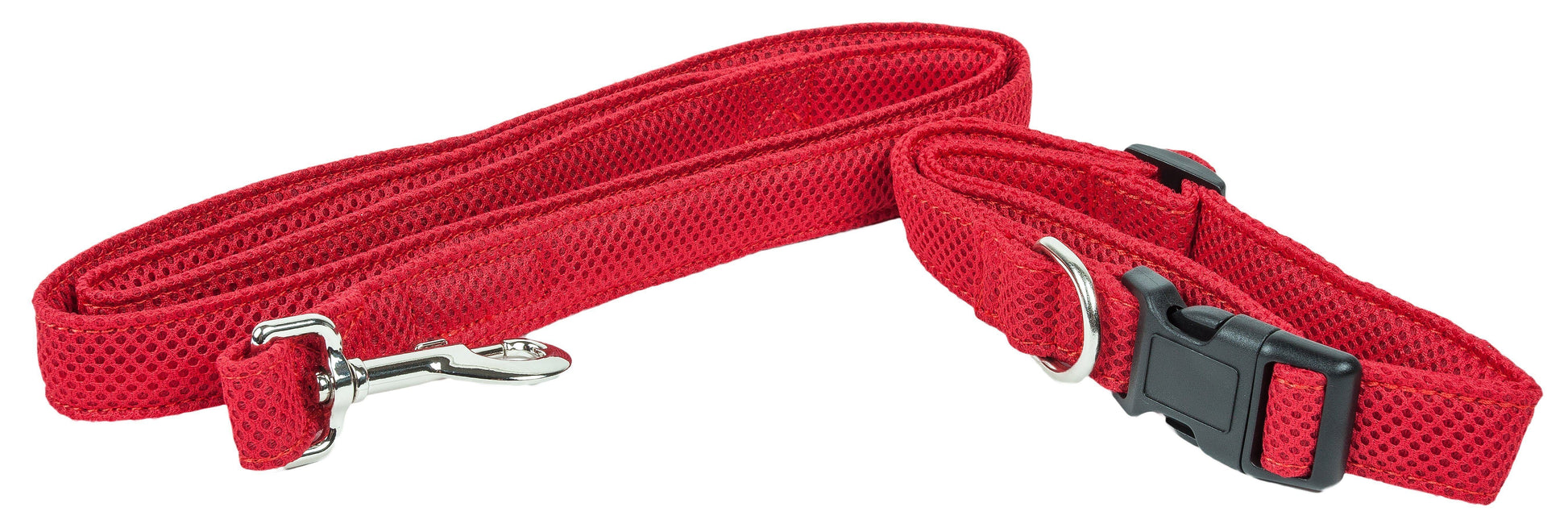 Red dog collar and leash set on a white background