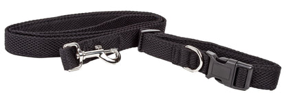Black dog collar and leash set on a white background
