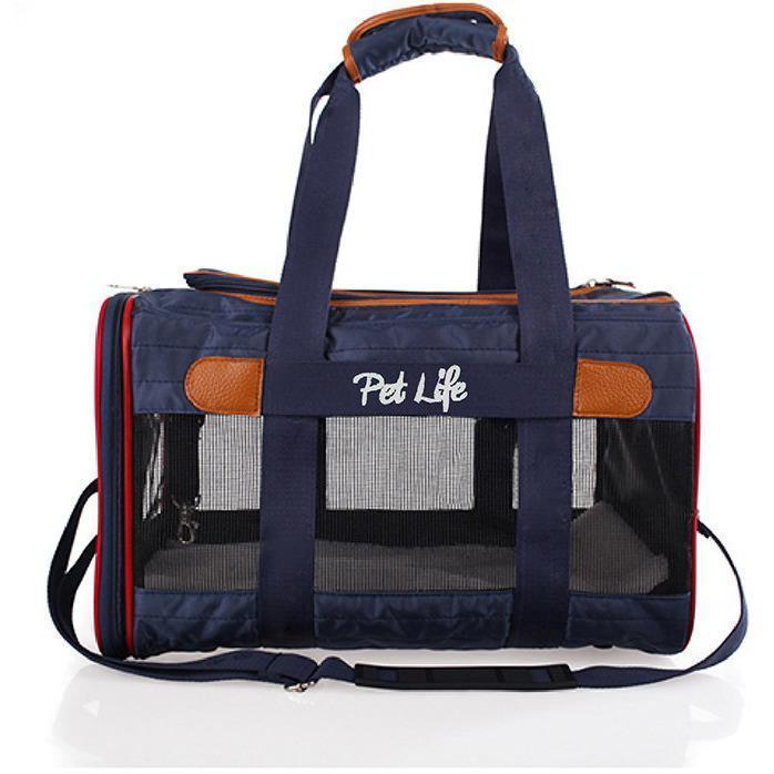 Navy blue pet carrier with brown accents and 'Pet Life' branding on a white background