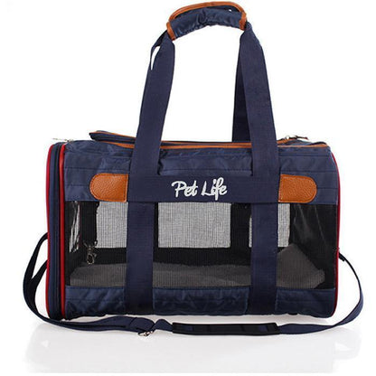 Navy blue pet carrier with brown accents and 'Pet Life' branding on a white background