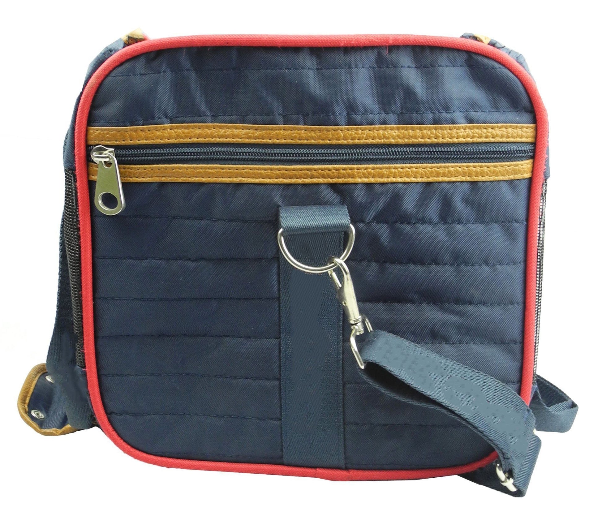 Navy blue crossbody bag with red trim and gold zipper on a white background