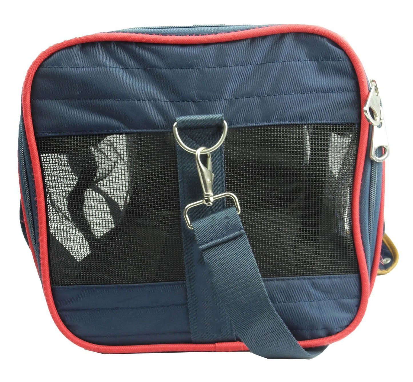 Blue pet carrier with red trim and a visible brand logo on a white background