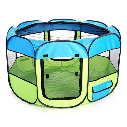 Green and blue playpen for pets on a white background