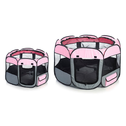 Two pet playpens with pink and gray design on a white background