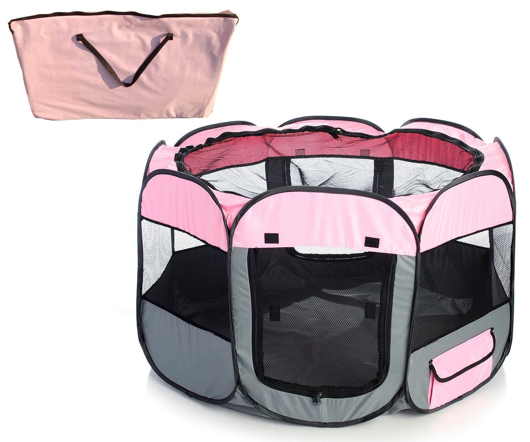 Pink and gray pet playpen with a carrying bag on a white background
