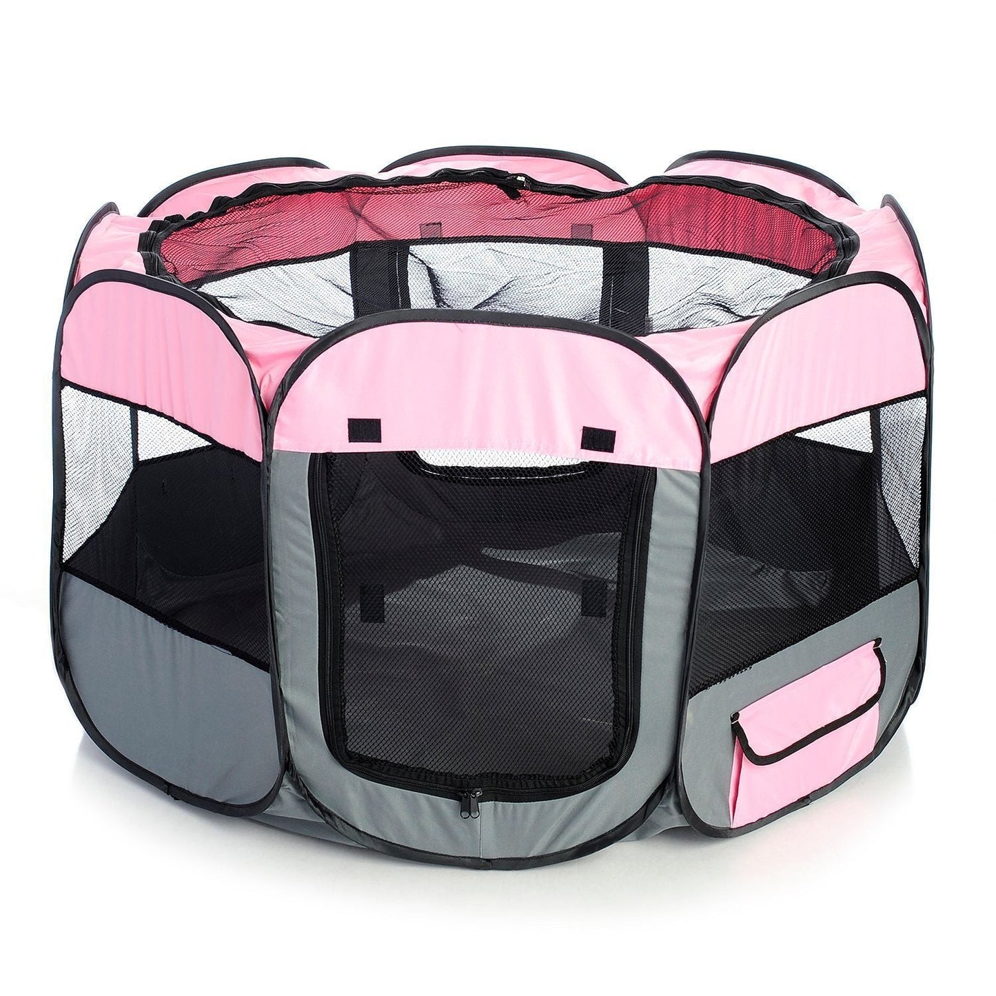 Pink and gray pet playpen on a white background
