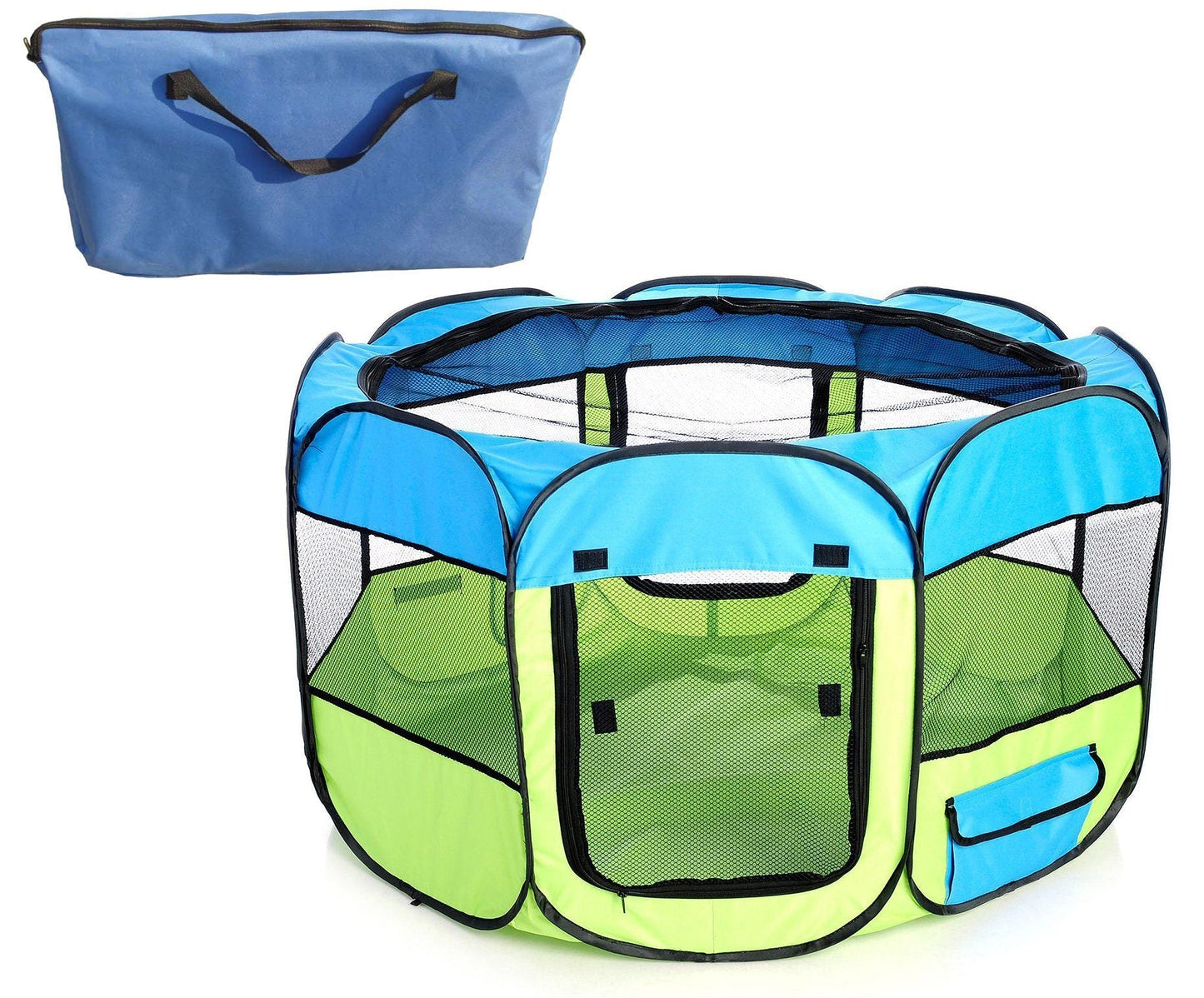 Green and blue pet playpen with carrying bag on a white background