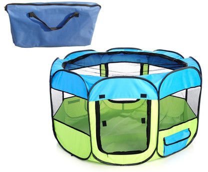 Green and blue pet playpen with carrying bag on a white background