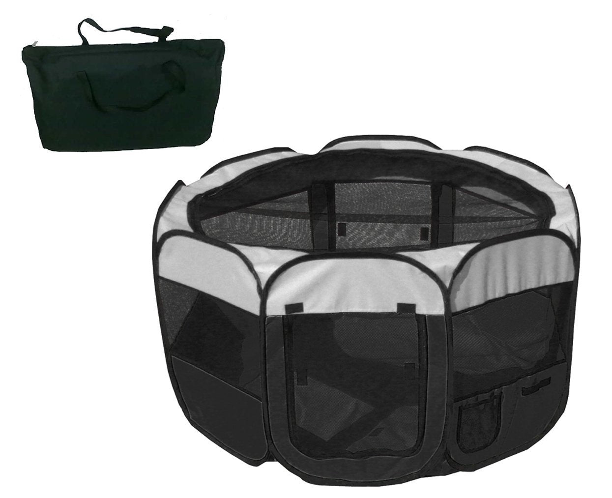Black and gray pet playpen with a carrying bag on a white background