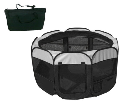 Black and gray pet playpen with a carrying bag on a white background