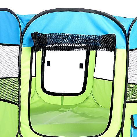 Pet playpen with blue and green colors and mesh sides.