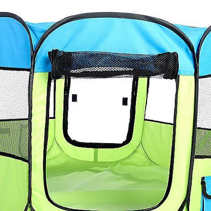 Pet playpen with blue and green colors and mesh sides.