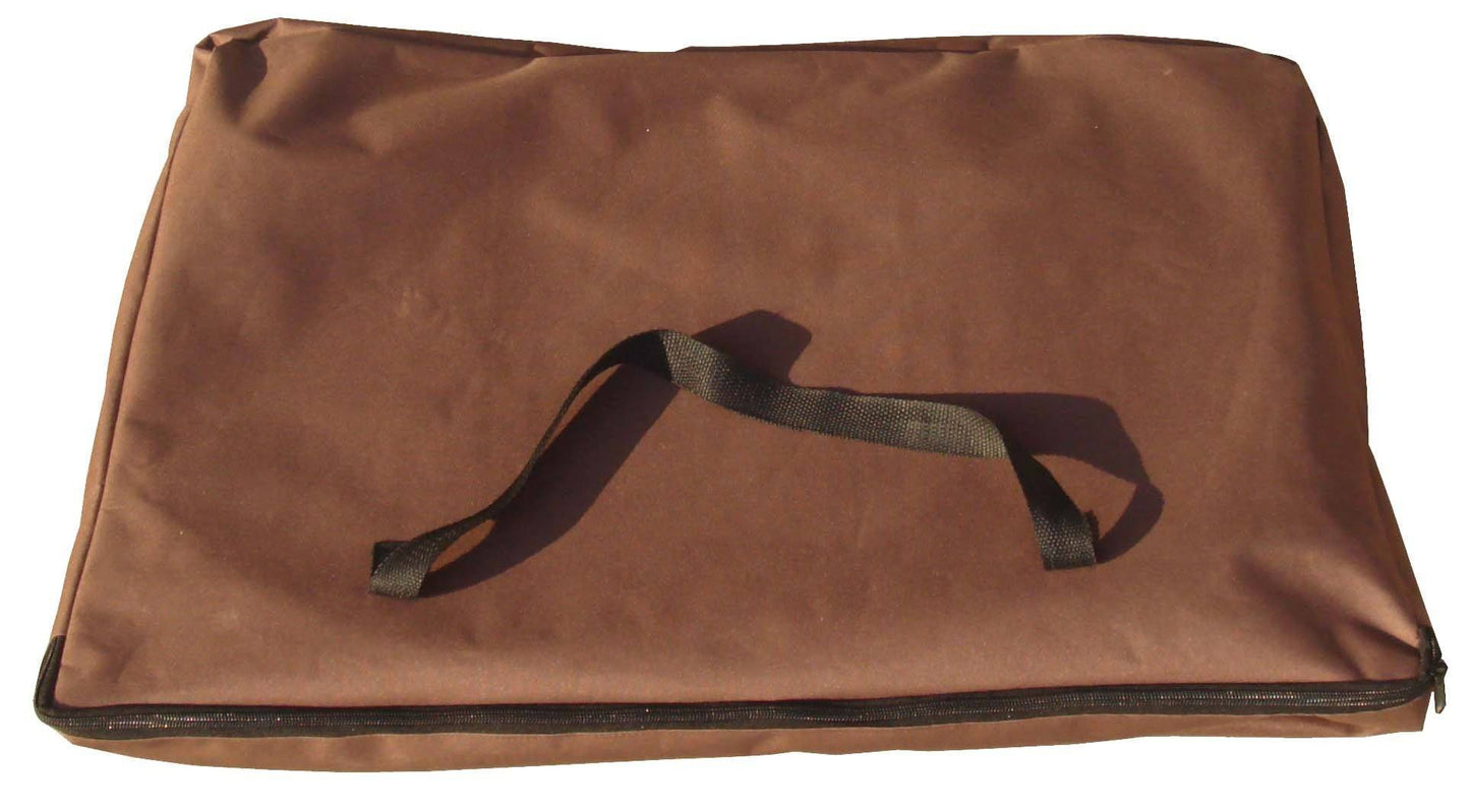 Brown carrying case with a strap on a white background