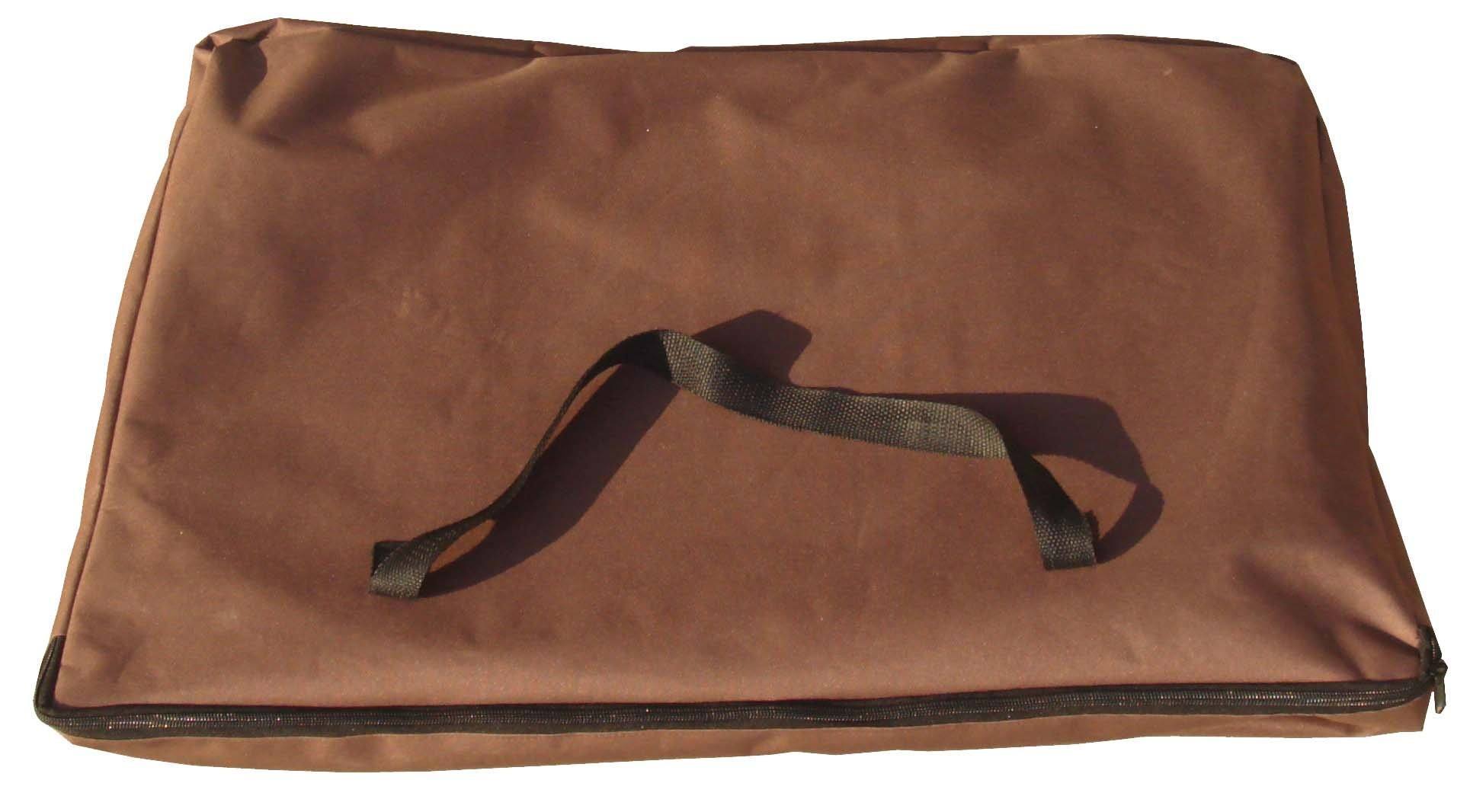 Brown carrying case with a strap on a white background