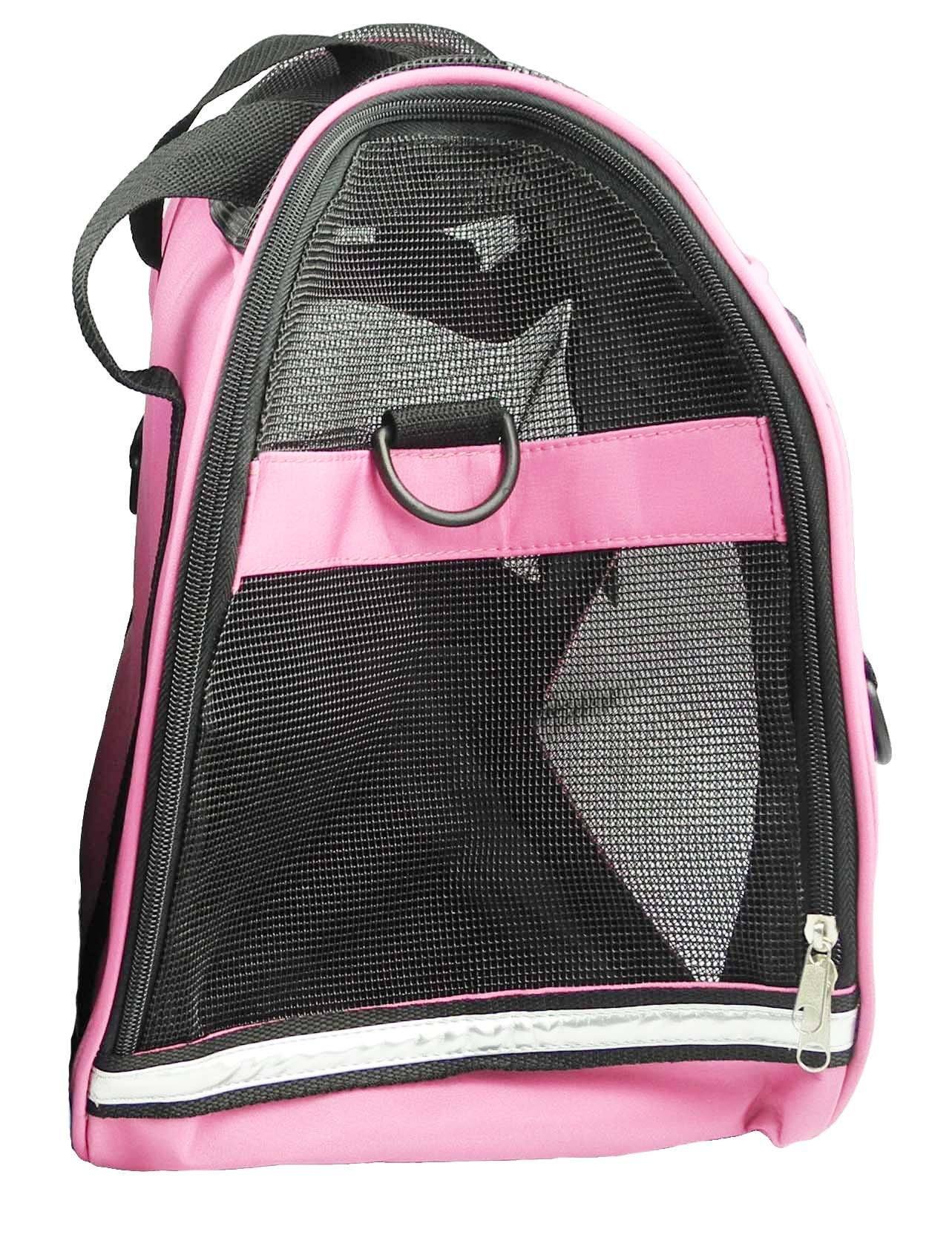 Pink pet carrier with black mesh side on a white background