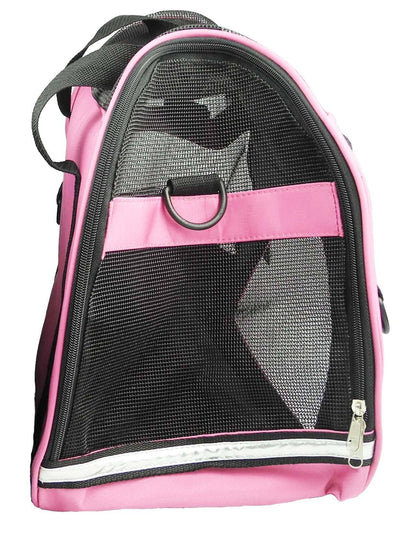 Pink pet carrier with black mesh side on a white background