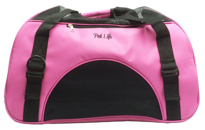 Pink pet carrier with black straps and mesh on a white background