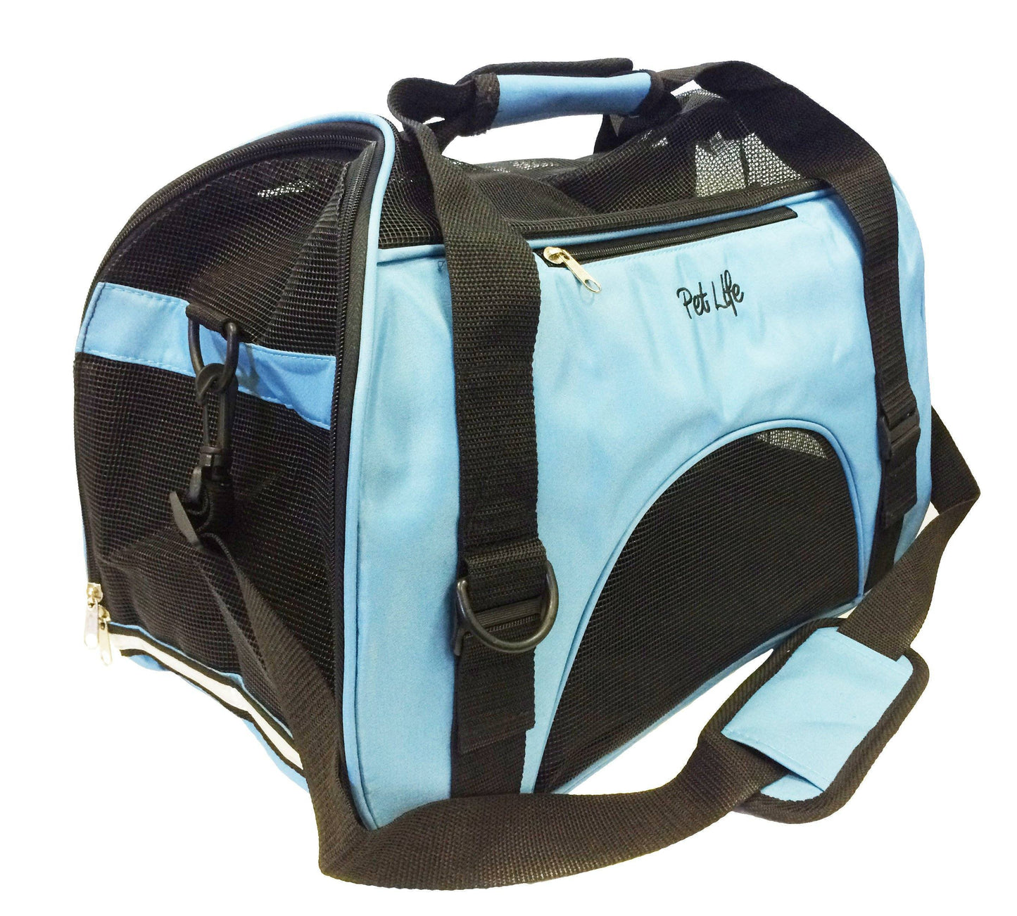 Pet carrier with black straps and a visible brand logo on a white background