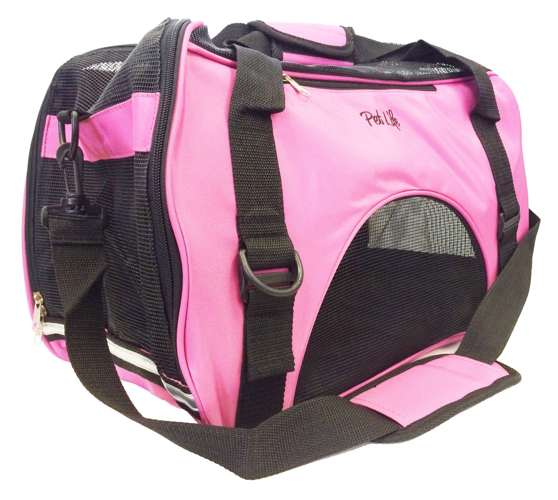 Pink and black pet carrier with visible brand logo on a white background