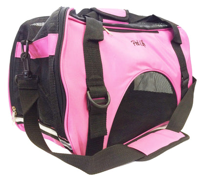 Pink and black pet carrier with visible brand logo on a white background