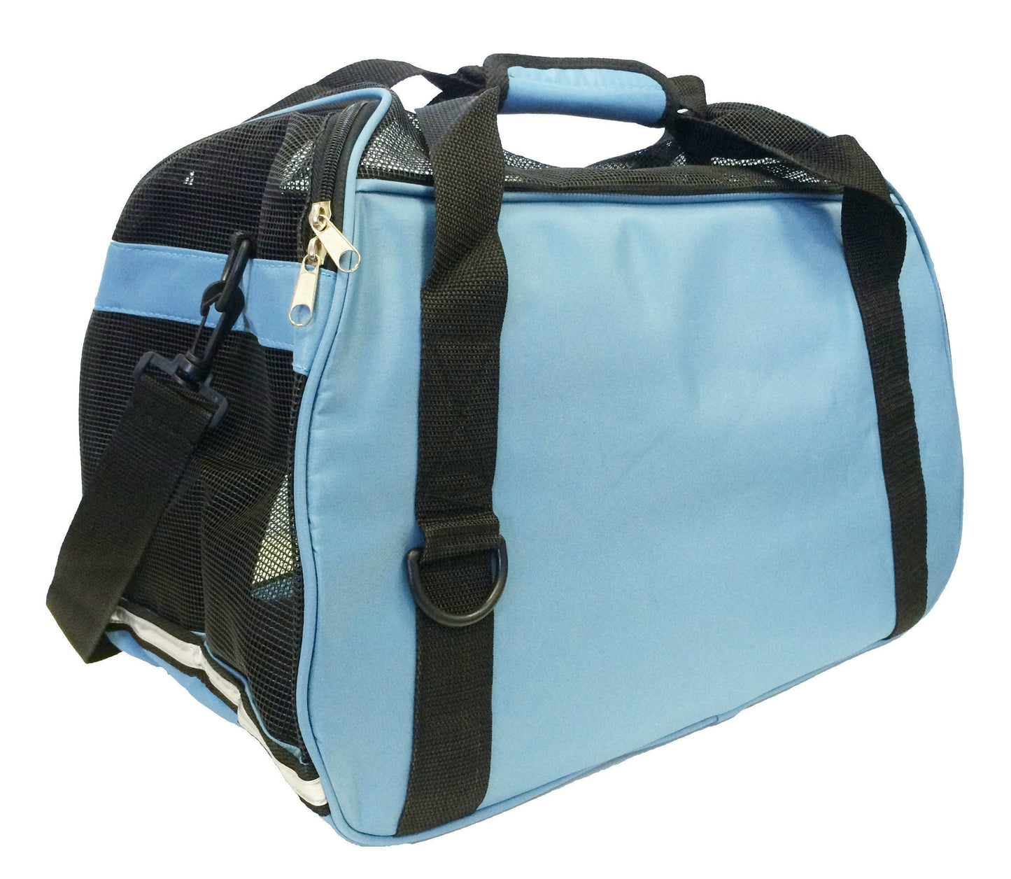 Blue pet carrier with black straps on a white background
