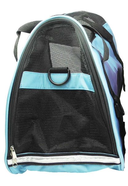 Pet carrier with blue exterior and black interior on a white background