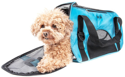 Small dog inside a blue pet carrier on a white background